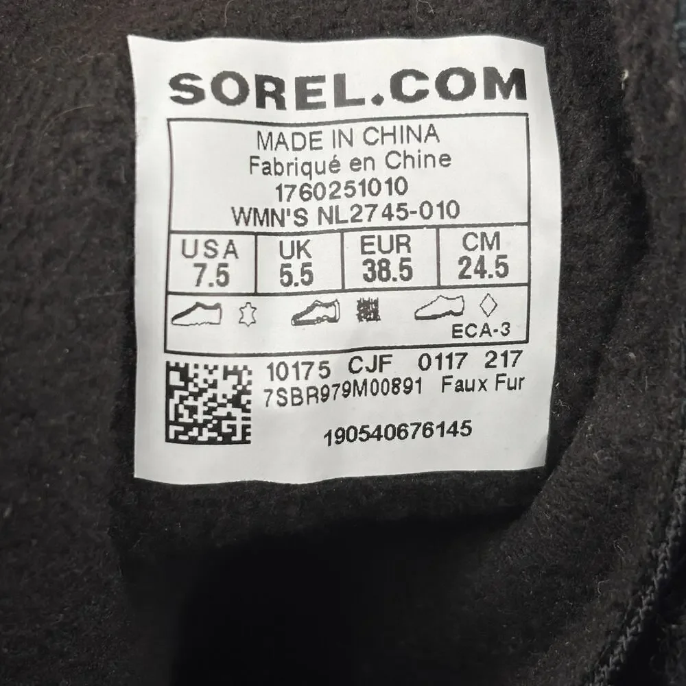 Sorel Cozy Joan Boots Size 7.5 Black Leather Nubuck Faux Fur Lace Up Waterproof
